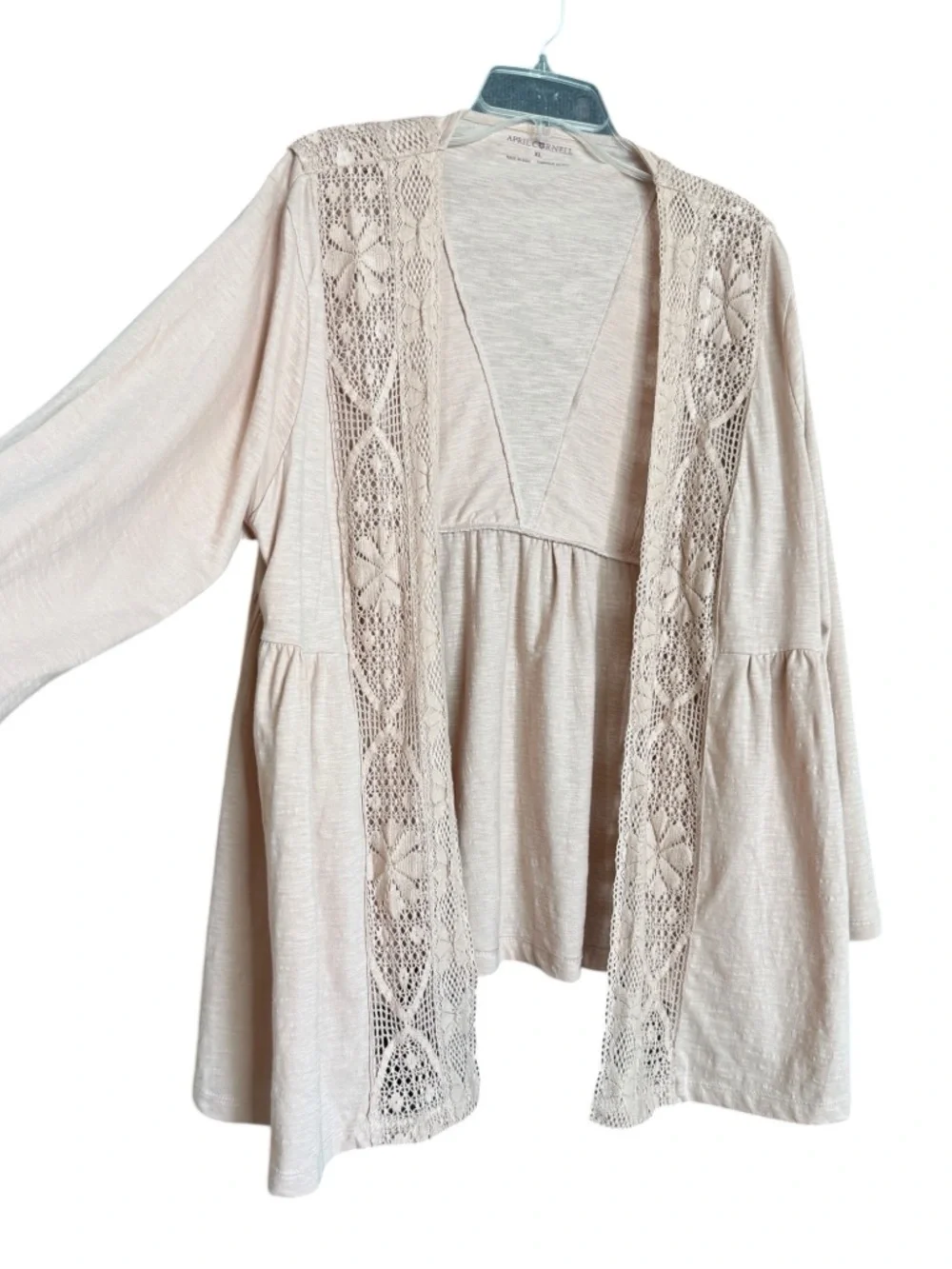 April Cornell Dusty Rose Crochet Lace Trim Open Front Cardigan XL Boho - Picture 4 of 13